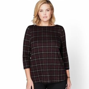 J. Jill Ponte Bordeaux Plaid Blouse 3/4 Sleeve Size Medium V Back Button Office